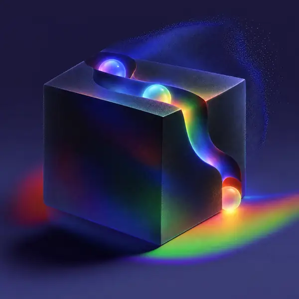 A sculptural dark cube with soft light moving across its surface