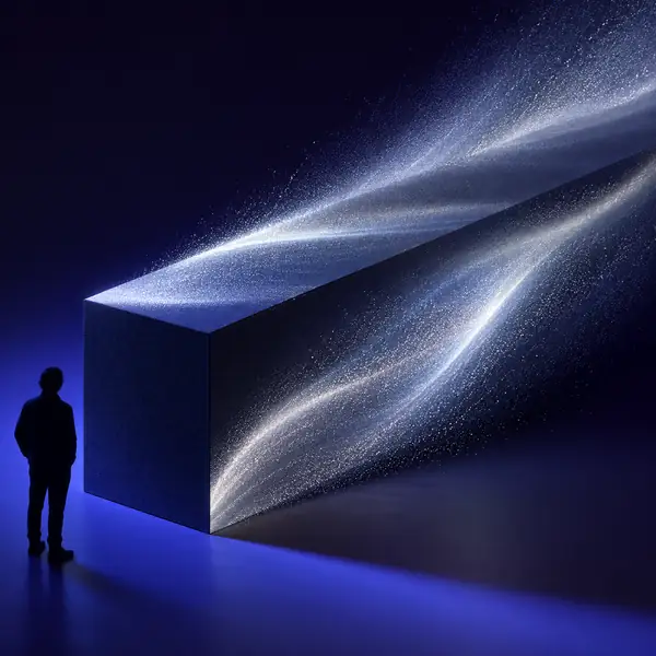 An elongated black geometric object illuminated by flowing silver light